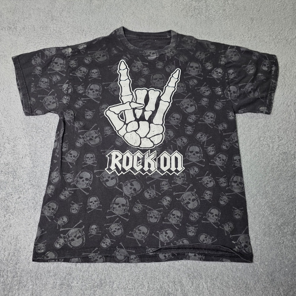 No Boundaries Mens M Rock On Graphic T-Shirt Black Skull All Over Print Tee